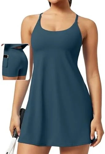 ewedoos athletic tennis dress for women with shorts underneath easy peezy u neck adjustable straps active workout dress